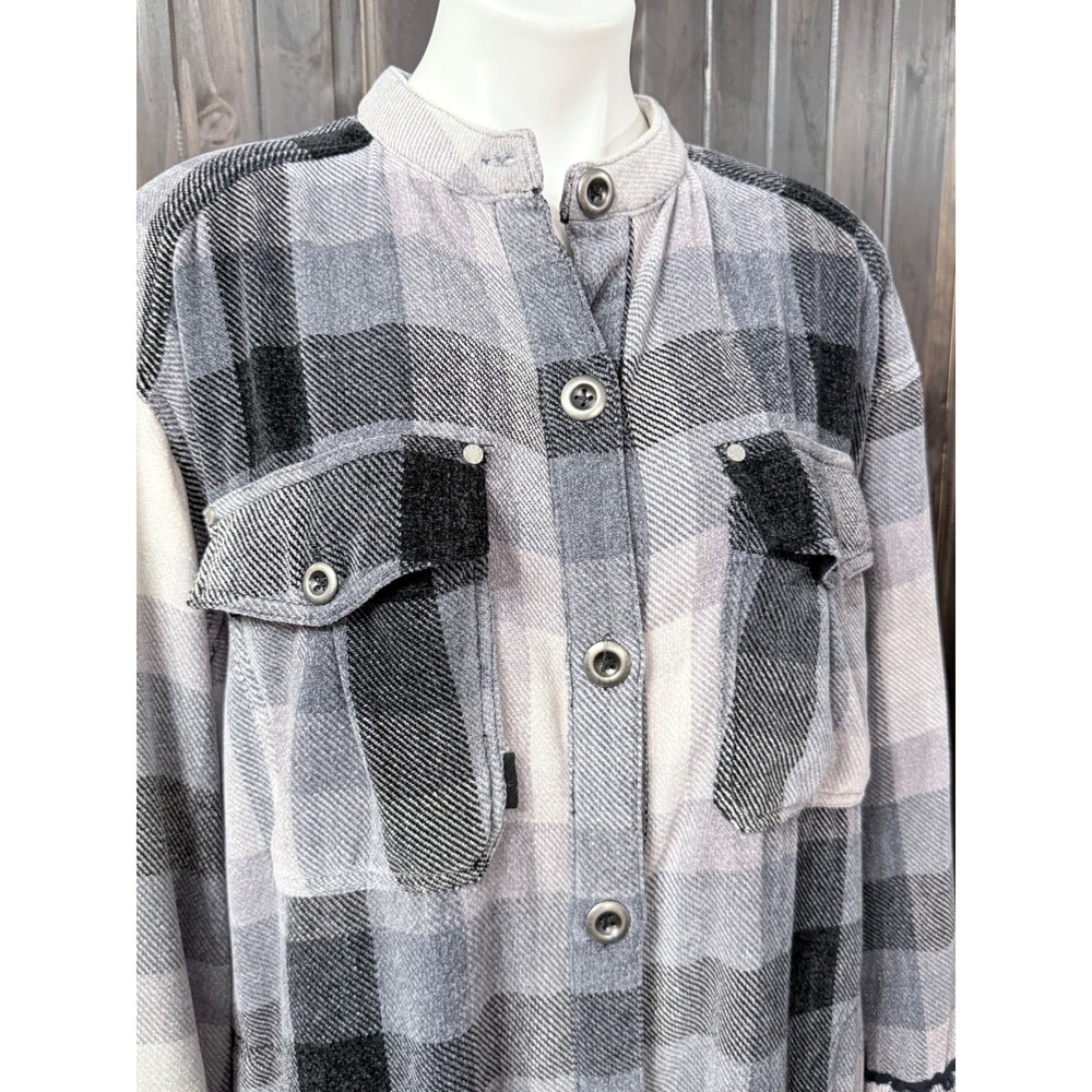 We The Free Free People Plaid Maxi Shirt Jacket Grey Black Large Long Shacket - Picture 2 of 7